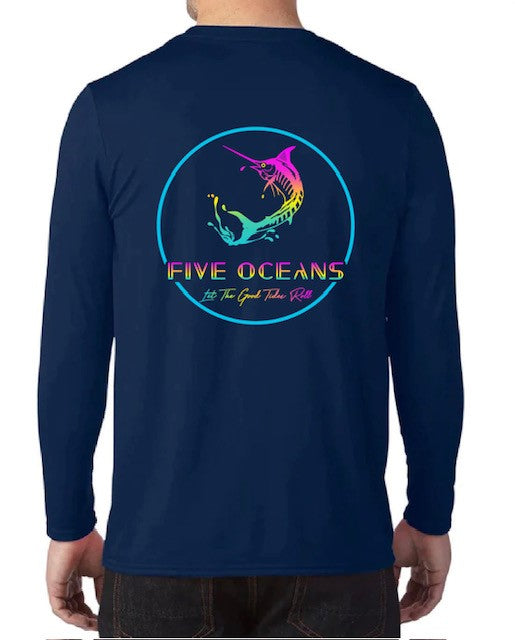 Five Oceans long sleeve shirts- Navy Blue & retro logo